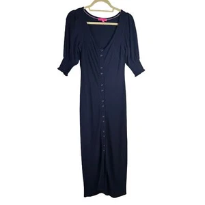 Betsey Johnson | Navy Blue Button-up Puff Sleeved Midi Dress Women's Size M - Picture 1 of 8