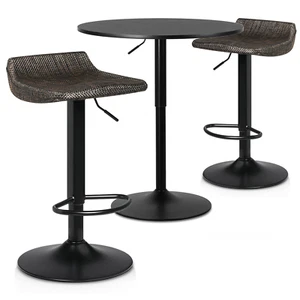 3 Pcs Wood Pub Table Wicker Bar Stools Set Rattan Adjustable Height Dining Chair - Picture 1 of 12