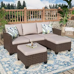 3Piece Rattan Patio Furniture Set Outdoor Wicker Rattan Sectional Sofa w/Ottoman - Picture 1 of 9