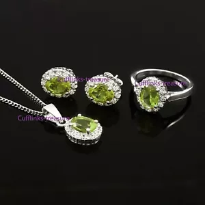 Natural Peridot & CZ Gemstones 925 sterling Silver Earrings Pendant Ring #5661 - Picture 1 of 4
