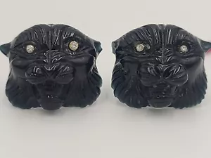 k645 14kt Yellow Gold Black Onyx Tiger Stud Earrings with Diamond Eyes - Picture 1 of 5