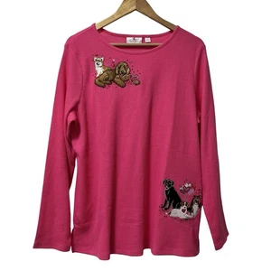 Quacker Factory Valentine Pet Waffle Long Sleeve Embroidered Top Size L Pink NWT - Picture 1 of 7