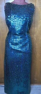 Vintage 1950’s Blue Green Sequin mermaid wiggle cocktail dress Medium Curves VLV - Image 1 of 4