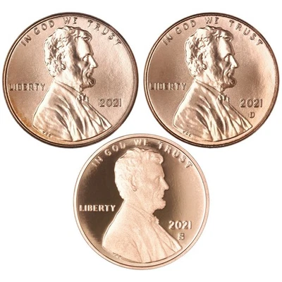 2021 P D S Lincoln Shield Cent Year Set Proof & BU US 3 Coin Lot - Image 1 of 4