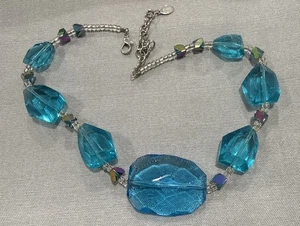 Vintage Blue JS Aqua Blue Glass Crystal Beaded Necklace 19” - Picture 1 of 9