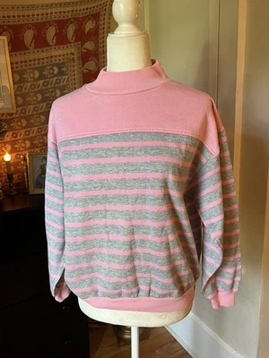 Camisa Suéter Vintage Años 80 Para Mujer Acrílico Rosa Gris Rayas Talla Mediana Foto 1 de 4