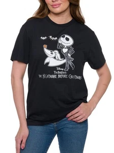 Women's Disney Jack Skellington and Zero Short Sleeve T-Shirt Foil Details Black - Picture 1 of 7