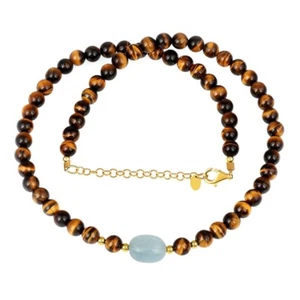 Nature Tiger's Eye & Aquamarine Smooth Round Gemstone Beads Unisex Necklace 18'' - Picture 1 of 14