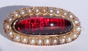 Pretty Antique Victorian 10K Gold Foiled Garnet Cabochon Pearl Pendant Pin 1886 - Picture 1 of 18