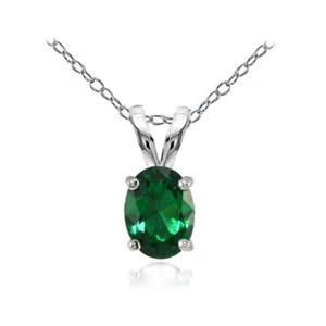 Sterling Silver Created Emerald 8x6mm Oval Solitaire Necklace - Picture 1 of 3