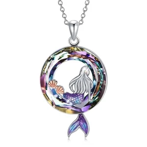 Mermaid Shellfish Spirit Animal Crystal Circle Necklace Pendant + Free Gift Bag - Picture 1 of 7