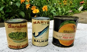 Three Antique / Vintage Cans w Great Graphics - Picture 1 of 12