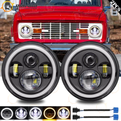 Pair 7" inch Round LED Headlights DRL Hi-Lo Beam For Ford Bronco 1966-1977 - Image 1 of 4