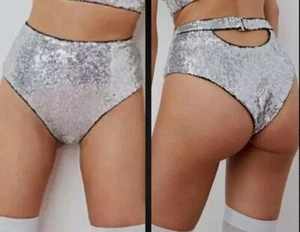 NEW! For Love & Lemons Silver Sequin High Waist Cheeky Go Go Panty Disco Size S - Picture 1 of 6