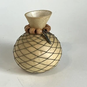 Dried Gourd Vase Wood Beads Metal Feathers Twine Earth Tones Boho 4.5 Inches - Picture 1 of 7