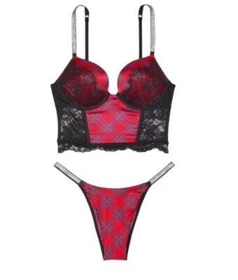 NEW Victoria’s Secret Very Sexy Bombshell Corset 34C +S Panty PLAID Shine Strap - Image 1 of 4
