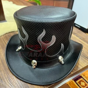 Black Leather Top Hat Steampunk – Mens Flame Style Top Hat Gothic Leather Hat - Picture 1 of 8