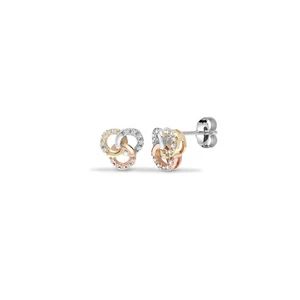 9ct 3 Colour Gold Jewelco London 0.09ct Diamond Trilogy Rings Knot Stud Earrings - Picture 1 of 3