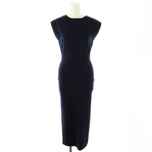 OFF WHITE Abito lungo senza maniche Genne JENNE schiena volant maglia aderente M blu navy bianco sporco u