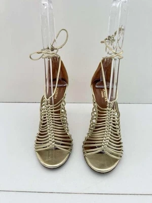 Sandalias envolventes al tobillo con tiras AQUAZZURA Nadja en cuero dorado 36/6 Foto 1 de 4