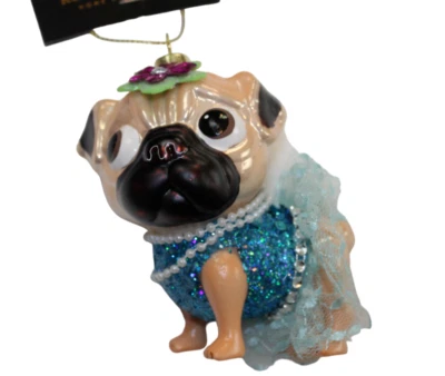 Robert Stanley Christmas Ornament Pug Blue Tutu Dress Dog Blown Glass 4" NWT