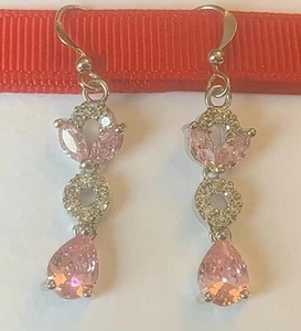 White Gold GF Drop Dangle Earrings - Pink Sapphires & Sim Diamonds, CRUISE BOXED - Picture 1 of 5