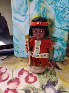 Native American Female Doll w/ Suede Leather Clothing & Wooden Log Stand - Picture 1 of 5