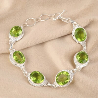 Peridot Gemstone 925 Stamped Silver Jewelry Handmade Bracelet 8.5" Gift For Wife - Image 1 of 4