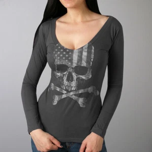 Flag Skull Ladies Long Sleeve Shirt - Picture 1 of 2