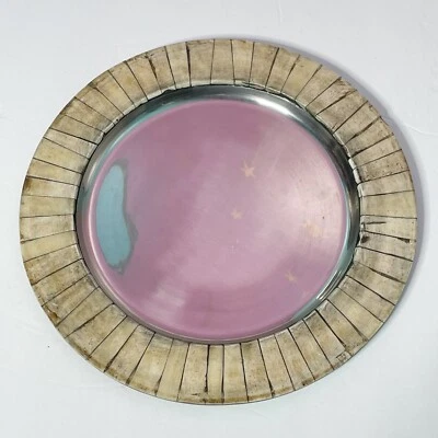 Mother of Pearl Inlay Metal Round Plate Platter Tray Pewter Aluminum Dish India - Image 1 of 4