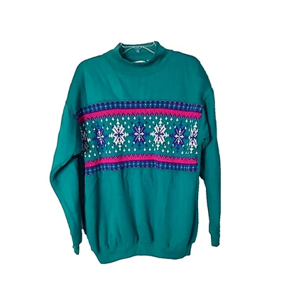 Sudadera De Colección Años 90 Lauren Brooke Verde Copo de Nieve Tejida Cuello Simulado Mujer Talla Grande Foto 1 de 4