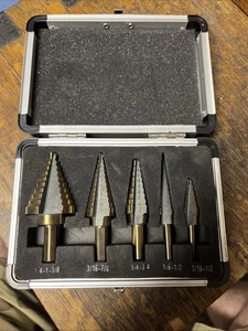 5 Piece SAE Multiple Hole 50 Sizes HSS Step Drill Bit Set with Aluminum Case ... - Picture 1 of 11