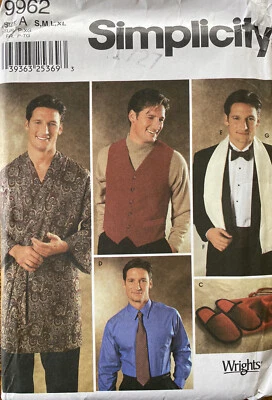 Vtg Simplicity 9962 Mens Vest Robe Ties Cummerbund Scarf Slippers Sewing Pattern - Image 1 of 2