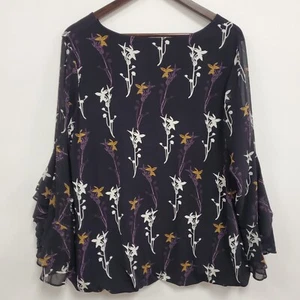 Alfani Womens Fairy Grunge Dark Floral Top Size 1X Bubble Hem Sheer Bell Sleeve - Picture 1 of 9