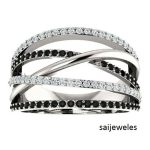 Anillo de banda redondo de diamantes blanco/negro entrecruzado de oro blanco 14 K creado en laboratorio de 3 quilates - Imagen 1 de 7