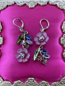 Betsey Johnson Spring Glam Pink Lucite Flower Crystal Stem Mismatch Earrings