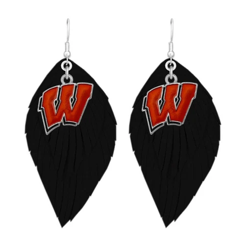 Wisconsin Badgers Black Red Boho Leather Feather Wire Earrings Jewelry Gift UW Cover