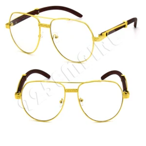 Men Pilot Aviator Gold Metal Frames Vintage Eye Glasses Hip Hop Clear Lens#378 - Picture 1 of 4