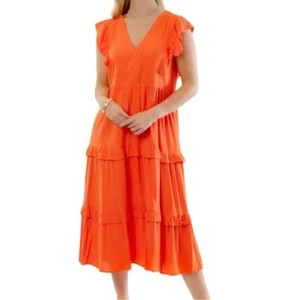 Entro Ruffled Orange Midi Tiered Dress V-Neck Cottagecore Boho NWT Size L - Picture 1 of 9