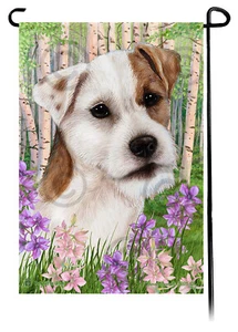 Spring Flowers Garden Flag - Tan and White Jack Russell Terrier Double Coat - Picture 1 of 1