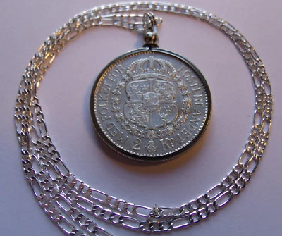 Colgante Moneda Plata 2 Coronas 1924 SUECIA PLATA, 28" Plata Italia Cuerda Cadena 31mm Foto 1 de 2