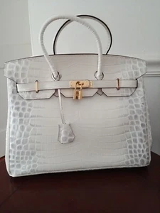 Tic Tok Top Quality Genuine Leather Faux Croc Grey35 cm Lock Key Women’s Handbag - Picture 1 of 8