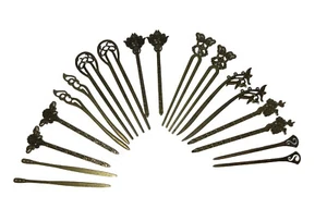 Vintage 24 Pieces Set Chinese Bridal Hairpin Tibetan Brass Hair Accessories 6" L - Picture 1 of 11