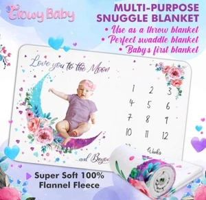 Growy Baby Girl Month Milestones Blanket " I Love You to the Moon & Beyond" - Picture 1 of 2