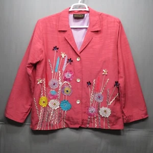 VINTAGE ALEX KIM MULTI COLOR EMBROIDERED FLORAL SALMON RED WOMENS JACKET SZ 2XL - Picture 1 of 13