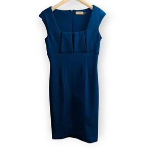 Calvin Klein Size 4 Blue Cap Sleeve Stylish Pleat Neck Dress Women Modern Cut - Picture 1 of 4