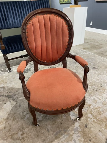 Antique Victorian Walnut Balloon Parlor Arm Chair Dark Pink Upholstery Cover