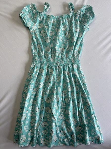 GIRLS SIZE 10/12 Large KNIT OFF THE SHOULDER DRESS Teal Floral Casual Stretch - Picture 1 of 6