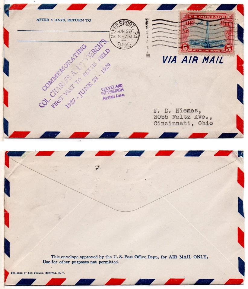 FIRST FLIGHT - LINDBERGH'S Visit to Bettis Field, PA (1929) Air Mail Cover - Image 1 of 1