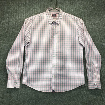 Camisa masculina Untuckit grande L rosa azul tattersall xadrez botão para cima slim fit escritório - Imagem 1 de 4